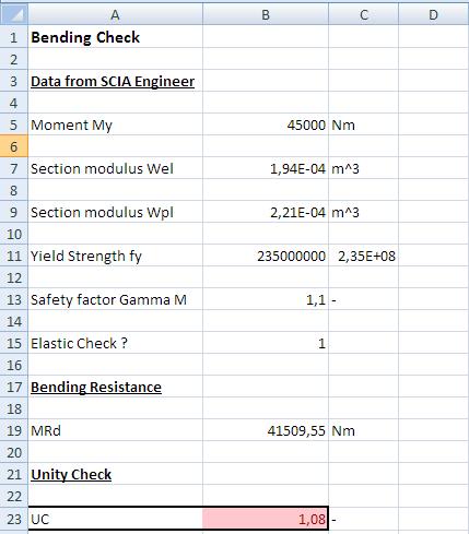 External Application Checks for Excel Example 1: Bending Check The check has now been executed and reviewed. To end this step, the document of Scia Engineer is examined.