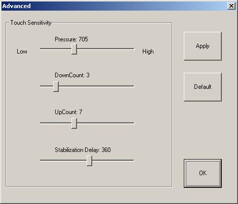 3. Advanced This Advanced option provides user the touch sensitivity and the cursor stabilization while touching the panel. a. Drag the cursor from left to right to get touch pressure lower or higher and then press [Apply] button.