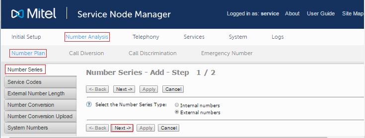In the SNM web interface, navigate to Number Analysis > Number Plan > Number Series and