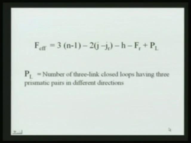 (Refer Slide Time: 23:24) Therefore, F eff = 3(n 1) 2(j j r ) h F r + P L, where P L is the number of 3 link closed loops having 3 prismatic pairs in different directions.