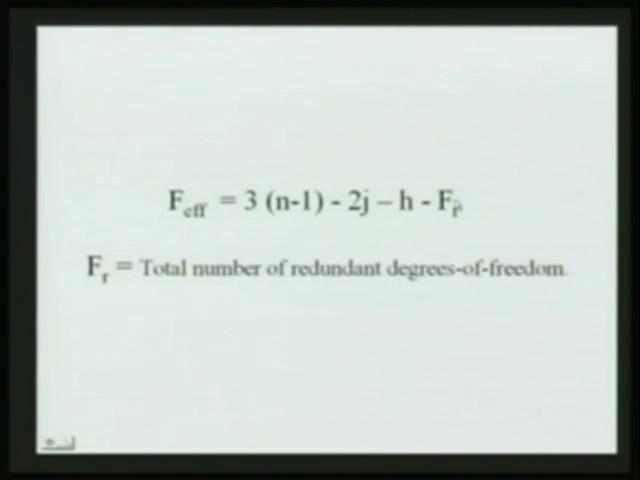 (Refer Slide Time: 14:16) F eff that is the really the input-output relationship is governed by F eff = 3(n 1) 2j h F r where F r is the total number of redundant degrees of freedom.
