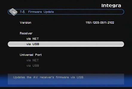 Updating the Firmware via USB DTR-70.1/80.1 and DHC-80.1 allow you to update firmware using a USB storage device. * In this procedure, on-screen display may vary depending on the model. Note: 1.