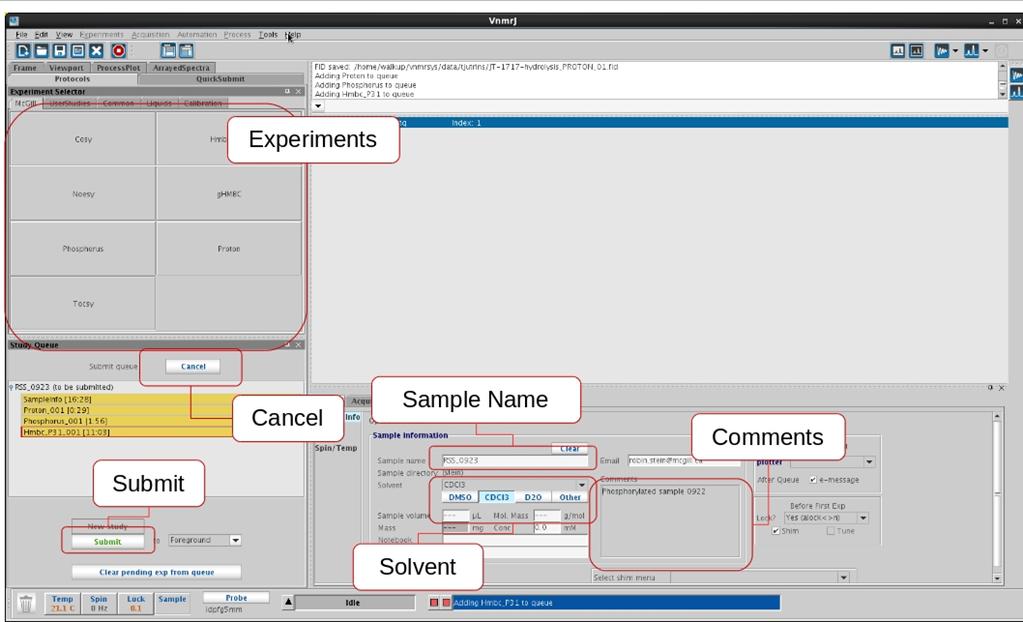 Figure 4: Submitting experiments to the sample queue. At a minimum, choose an experiment, enter the sample name, choose the solvent, choose a sample position, and push submit. e. To remove an experiment from the list (for example, if you change your mind about running it), click on it and drag it to the trash can below the list f.