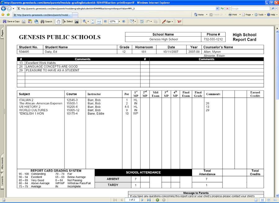 If this message appears, click it to view the actual report card displayed in Adobe Reader (Adobe Reader must be installed on your computer). A sample report cord is shown below.