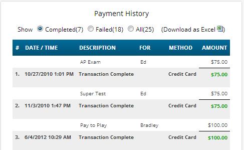 along the top of the list of payments also allow you to choose to view: - Completed those payments that you have successfully paid (shown by default) - Failed