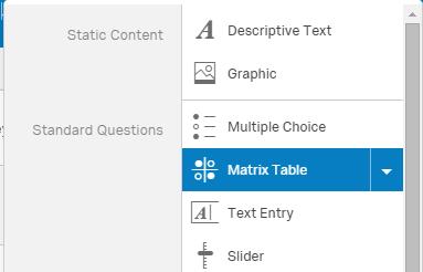 4. You will design Q2 with a Matrix Table type. a. Press the down-arrow next to the Create a New Question button and select Matrix Table. Now Q2 is created. b. Under Statements, keep the number 3, since Q2 has 3 components to rate.