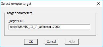 J On the Select remote target dialog, make sure to set the Target URI to: tcpip:// ELVIS_III_IP_address:17000 where ELVIS_III_IP_address is the IP address of your NI ELVIS III, which can be