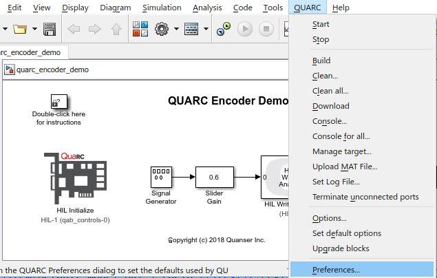 G Open the QUARC Preferences dialog by selecting Preferences from the QUARC menu on the Simulink