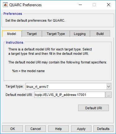 H On the Model pane in the QUARC Preferences dialog, make sure to set: Target type: linux_rt_armv7