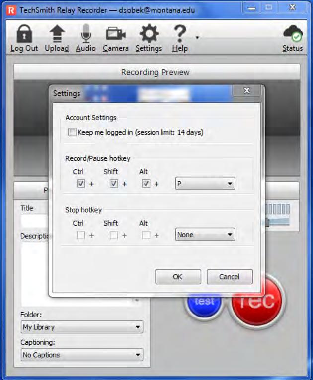 INTERFACE Creating Hotkeys for Windows to Control Recorder from a Keyboard Ø STEP #1: Click on Settings Ø STEP #2: Check the boxes for which keys you want to use, including the Letter or