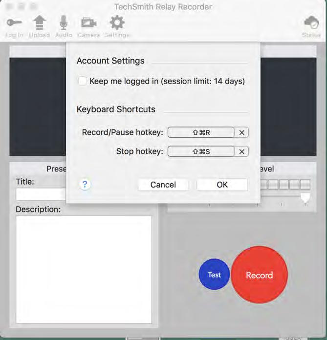 INTERFACE Creating Hotkeys for Mac to Control Recorder from a Keyboard Ø Ø Ø STEP #1: Click on Settings STEP #2: The Hotkey for Recording/Pausing for Mac users defaults to Command+Shift+R, note that