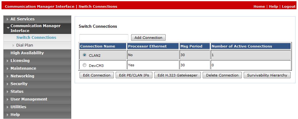 Communication Manager Interface Switch Connections page and enter a name for the new switch connection and