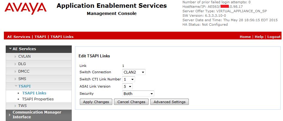 The Switch CTI Link Number must match the number configured in the cti-link form for Communication Manager as defined in the section 5.8.