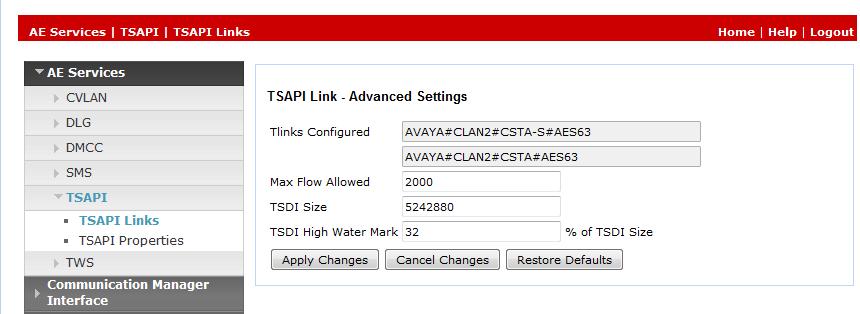 Click Advanced Setting to obtain the TSAPI Link that will be used by Mattersight PBR. 7.