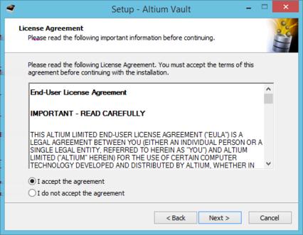 Read and accept Altium's End-User License Agreement. With the EULA read, continue with the install by checking the I accept the agreement box and clicking the Next button.