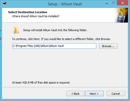 The default installation path is \Program Files (x86)\altium\altium Vault. The server requires at least 429MB of free disk space for installation.