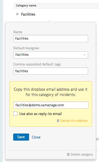 Category Email Dropboxes You have the option to create an email dropbox for each category and subcategory.