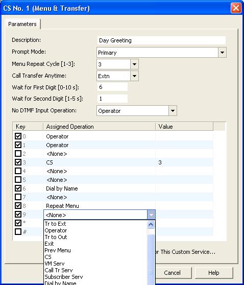 To adjust the prompts with in a auto attendant greeting, double click on the desired custom service menu You will see the following window To change the prompts with in the greeting, select the
