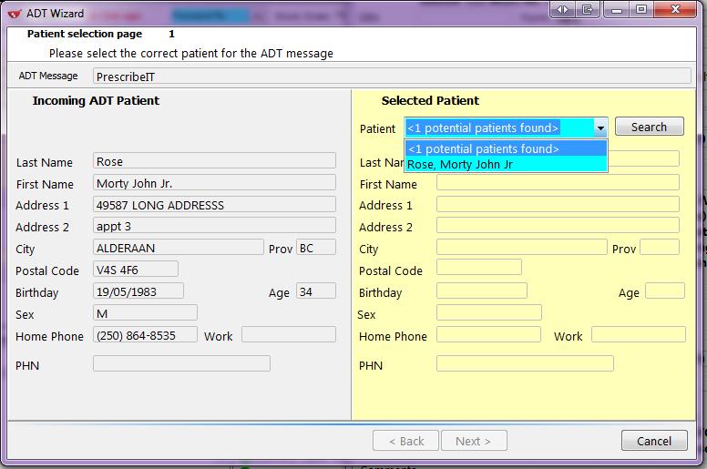 3. Click Next to continue adding more allergies. NOTE: If the system detects a potential patient match, it will be displayed in the ADT Window. 4.