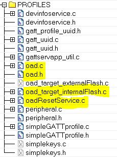 VI. Add the OAD profile modules to the PROFILES folder of the workspace. Include the oad.h and oad.c modules. These files are located here: <INSTAL_DIR>/Project/ble/Profiles/OAD/CC26xx. Figure 14.