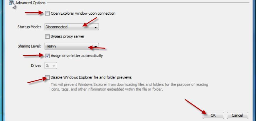 The Advanced Options appear. Optionally, you can click the checkmark for the Open Explorer Window Upon Connection option.