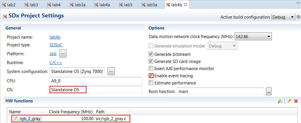Lab Workbook Estimating Accelerator Performance and Events Tracing Figure 11. Pre-built project with event tracing feature enabled 4-1-6.