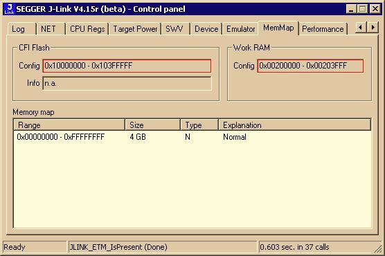 145 Save the settings file and restart the debug session. Open the J-Link Control Panel and verify that the "MemMap" tab shows the new settings for CFI flash and work RAM area. 6.5.2 J-Link GDB Server The configuration for the J-Link GDB Server is done by the.