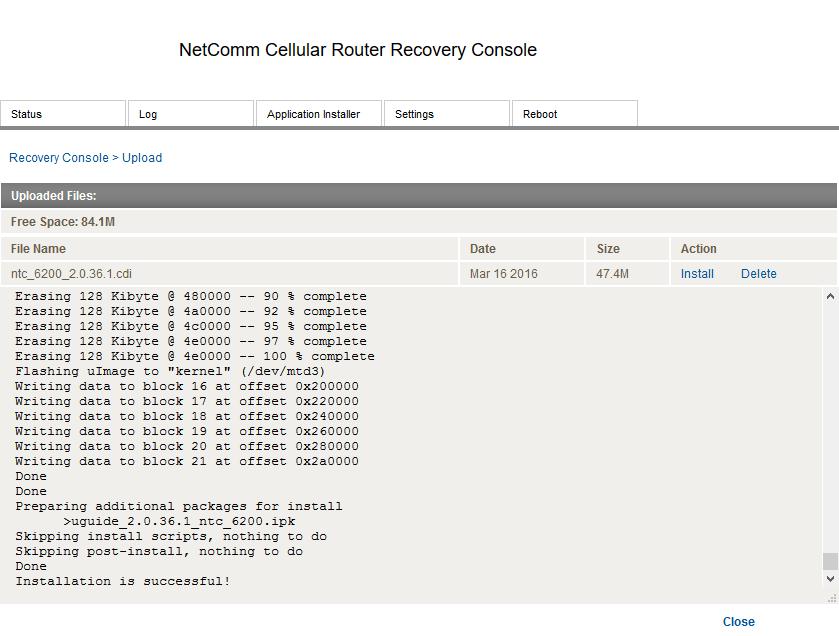 When the installation is complete, the router displays Installation is successful! and returns to the file list. 9.