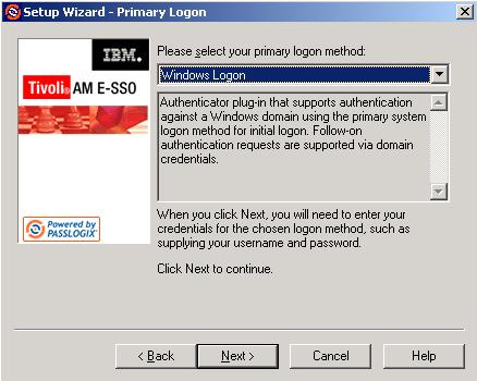 Installing TAM E-SSO Choose a logon method From the drop-down list box, choose the authenticator you'll use for your primary logon method. In a typical installation, this is Windows Logon.