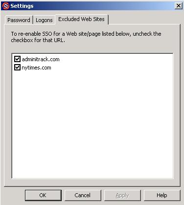 Managing Excluded Web Sites The Excluded Web Sites tab of the Settings dialog lets you review and restore Auto-Prompt capability for Web site logons that you have previously told TAM E- SSO to ignore.