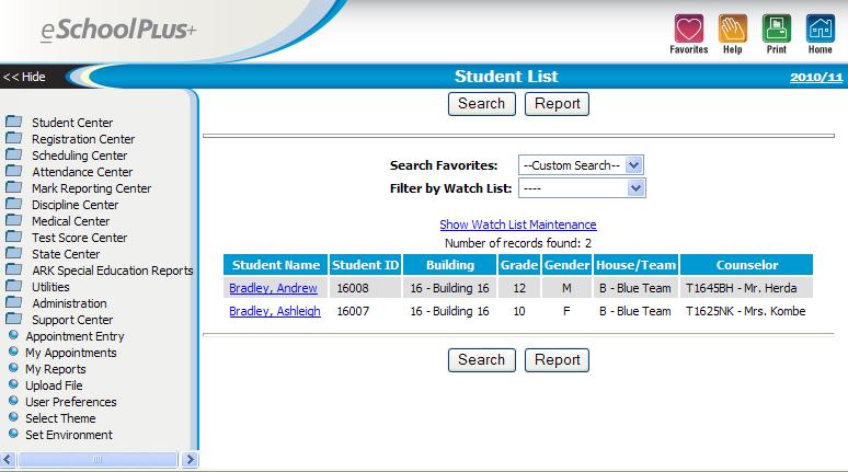 3. Click the Search button to open a list of students who