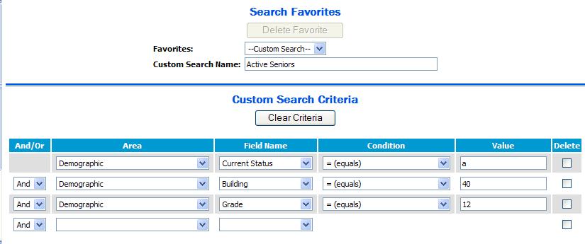 2. To save the search as a favorite, enter a description in the Custom Search Name field. 3. Click the Search button to retrieve records.