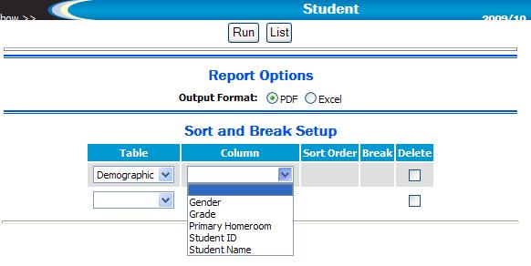 5. Set Output Format to either PDF or Excel. 6. Sort and Break Setup can be used to change the sort from the default of student name. Select the desired Area/Fields.