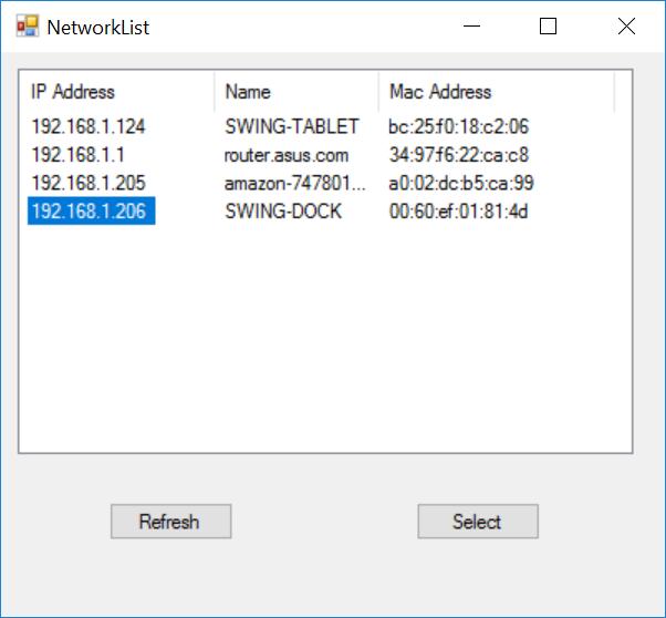 The Search IP will show a list of all IP addresses in use on the local network. Find the IP address for the Swing Dock that matches the MAC address of your dock.