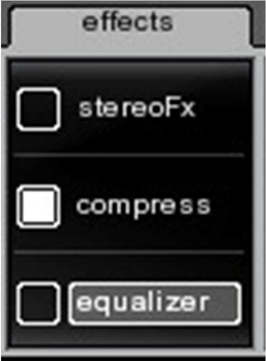 5.5. Track effects Dedicated zone in MIXER mode All Track types in the MIXER environment can access 3 default effects available in Display 2: Stereolizer Compressor Equalizer Activation of these