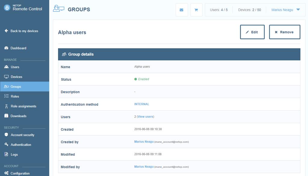 Edit group details, such as the group name, group status and description (LDAP group allow editing of status and
