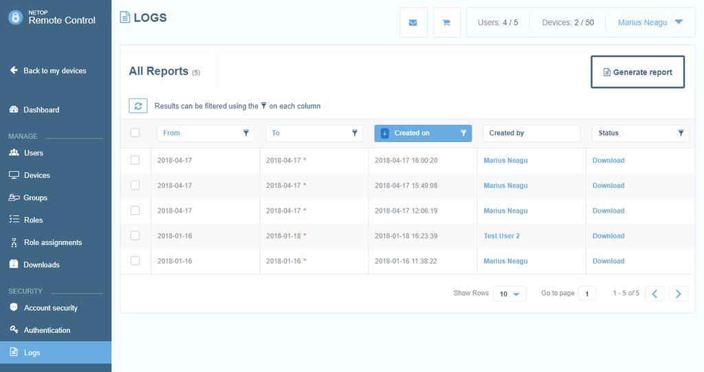2 Retrieve Audit Logs The audit logs provide valuable information about users activity in the Netop Portal.