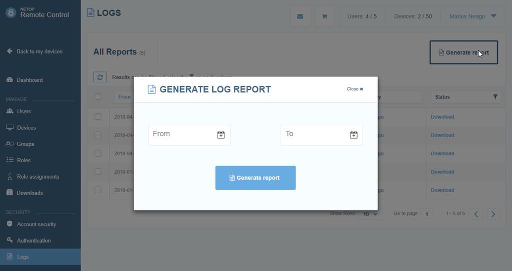 Click Generate report. A new report is created as a.csv file containing all events logged within the selected date interval and it will be dispalyed as a new log entry in the Logs page.