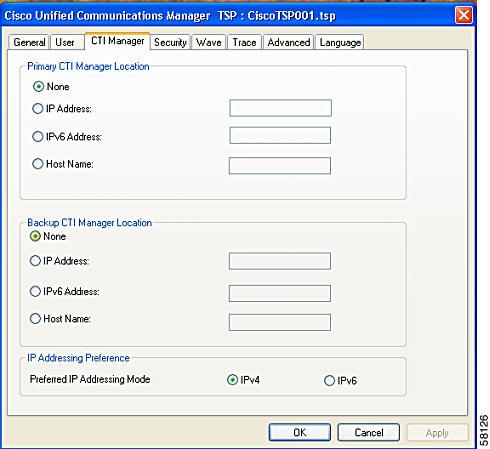 CTI Manager Figure 13: Cisco Unified Communications Manager TSP CTI Manager Tab Table 4: CTI Manager Configuration Fields The table below describes the CTI Manager tab fields that must be set.