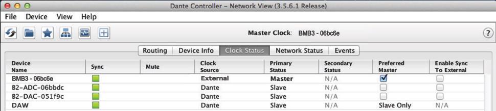 SECTION 3 3.3 Clocking BMB3 To Dante 1. Set BMB3 front panel to DANTE. 2. Open Dante Controller, select DEVICE INFO. 3. Double Click on device BMB3-xxxxxx. 4. Click on CLOCK STATUS. (Image 19). 5.