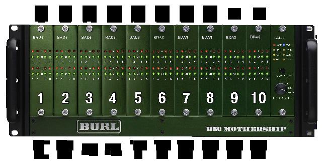 Jumper 1 enables 8 channels per slot for inputs. Jumper 3 assigns output Ch. 1 to slot 5.