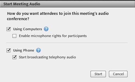 Starting a Web Meeting Using Audio Conference Controls Starting an Audio Conference Using an Audio Profile Once you have created an audio profile and associated it with a meeting, Adobe Connect uses