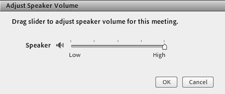 The host, presenter(s), and attendees can adjust their computers speaker volume during the meeting. 1 To adjust the speaker volume, select Adjust Speaker Volume under the Speaker icon dropdown menu.