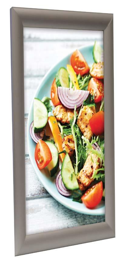 front opening mechanism Anodised silver aluminium finish with styrene back panel Posters are protected by UV anti-glare PVC cover Includes wall fixing