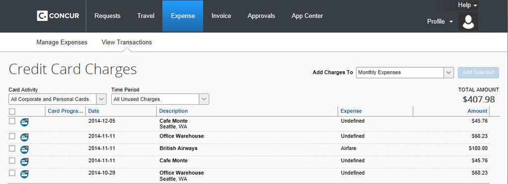 The Available Expenses section appears (you might need to scroll down). To assign the transaction to a report: 1. Select a check box next to each appropriate transaction.