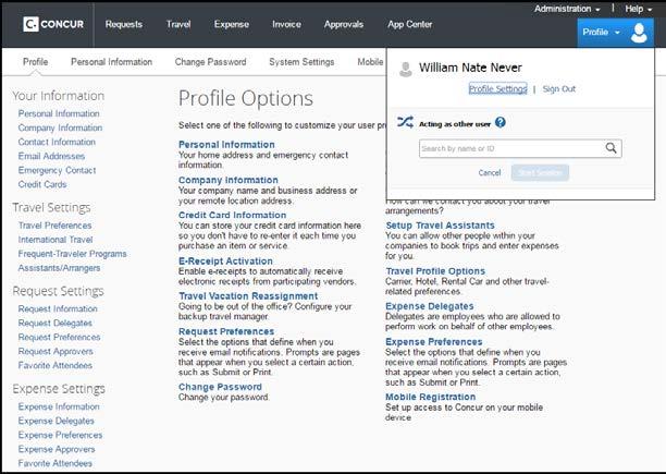 Updating Your Expense Profile Use the profile options to set or change your personal preferences.