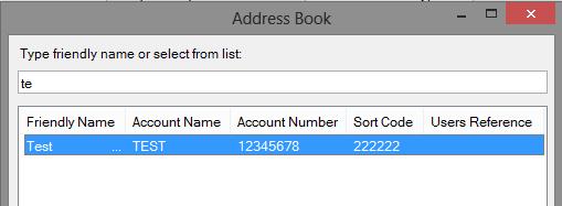 Entries from the address book can be inserted into the manual payment file dialog in different ways. Firstly by selecting the address book entries you wish to add and clicking the Insert button.
