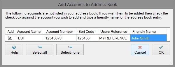 To add an entry to the address book check the check box in the Add column, then enter a friendly name for the entry.