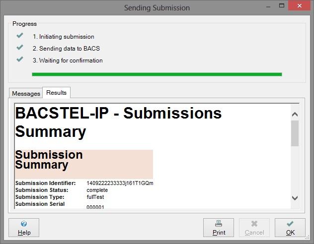 The important thing to be checked here is the Submission Status. In the example above, the Status is "complete", which means that the submission was received by Bacs.