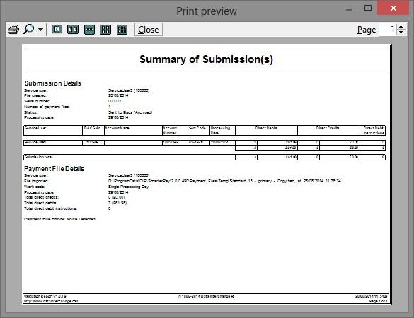 This report shows a summary of the submission details, including: the service user associated with the submission the date the submission was created the current status of the submission e.g. Processed the processing date The number of payment files in the submission.